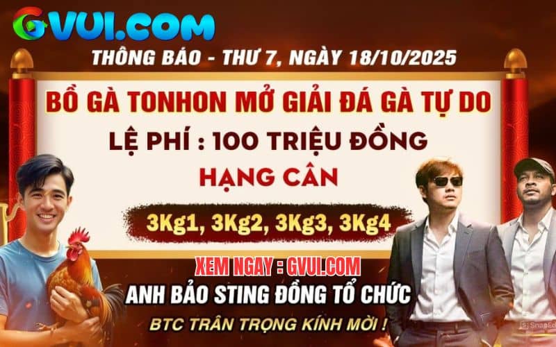 Bồ Gà Ton Hon Và Anh Bảo Sting Cùng Tổ Chức Giải Gà Tự Do 18/10/2025 Bồ Gà Ton Hon Và Anh Bảo Sting Cùng Tổ Chức Giải Gà Tự Do 18/10/2025